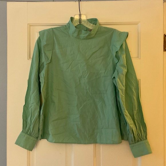 EVERLANE The Wing-Shoulder Mock Neck Top Blouse Jade Green Size 00 NWT - Picture 2 of 9